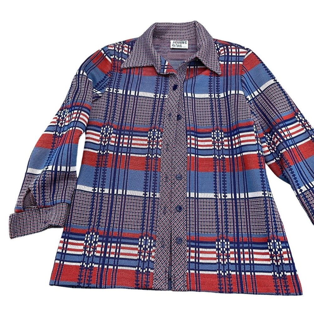 Johns Girl Shirt‎ Women Medium Red Blue Geometric Plaid Double Knit 60s 70s VTG